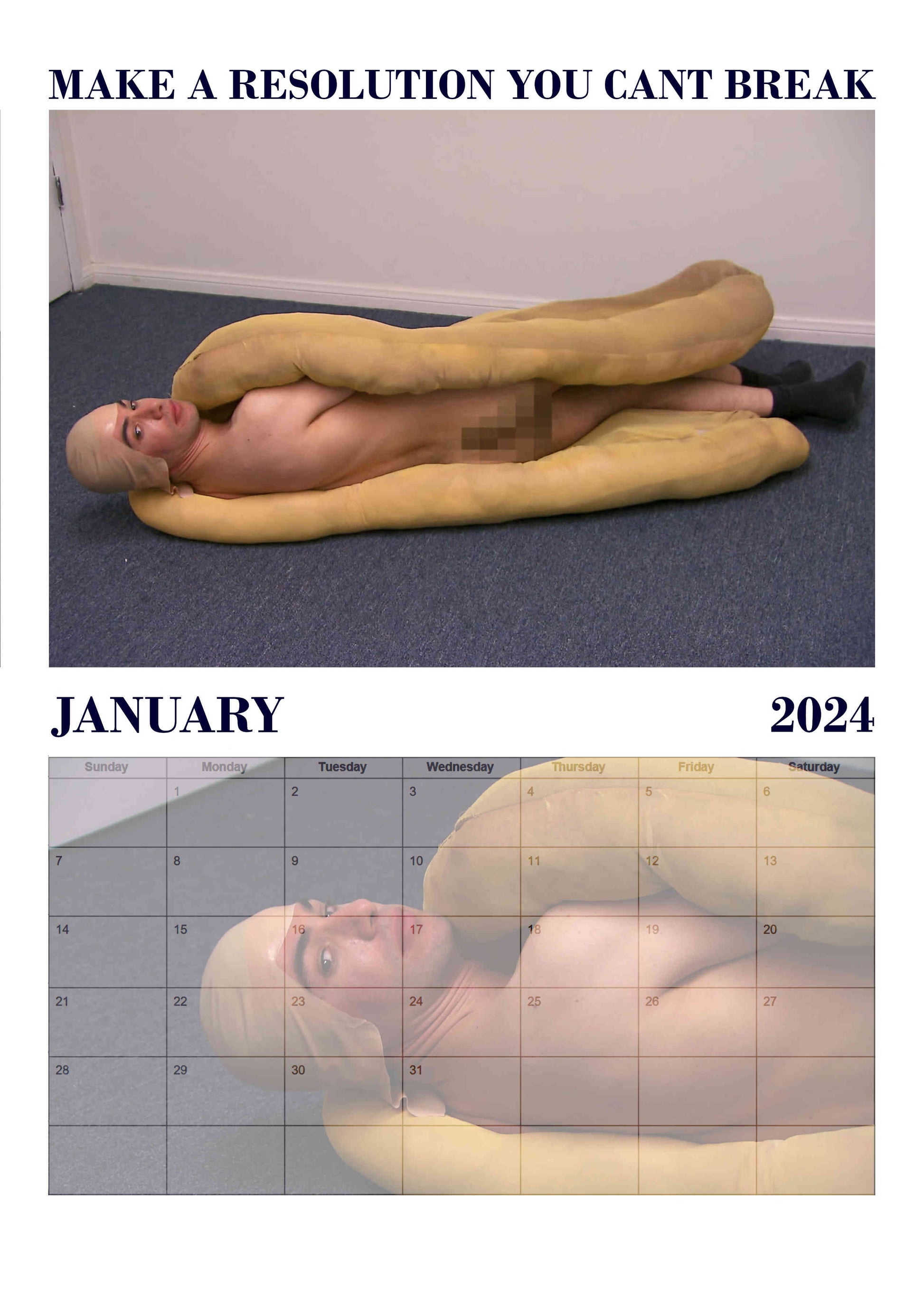 Preview of the month of January featuring Nathan Fielder undressed lying inside a giant hotdog bun