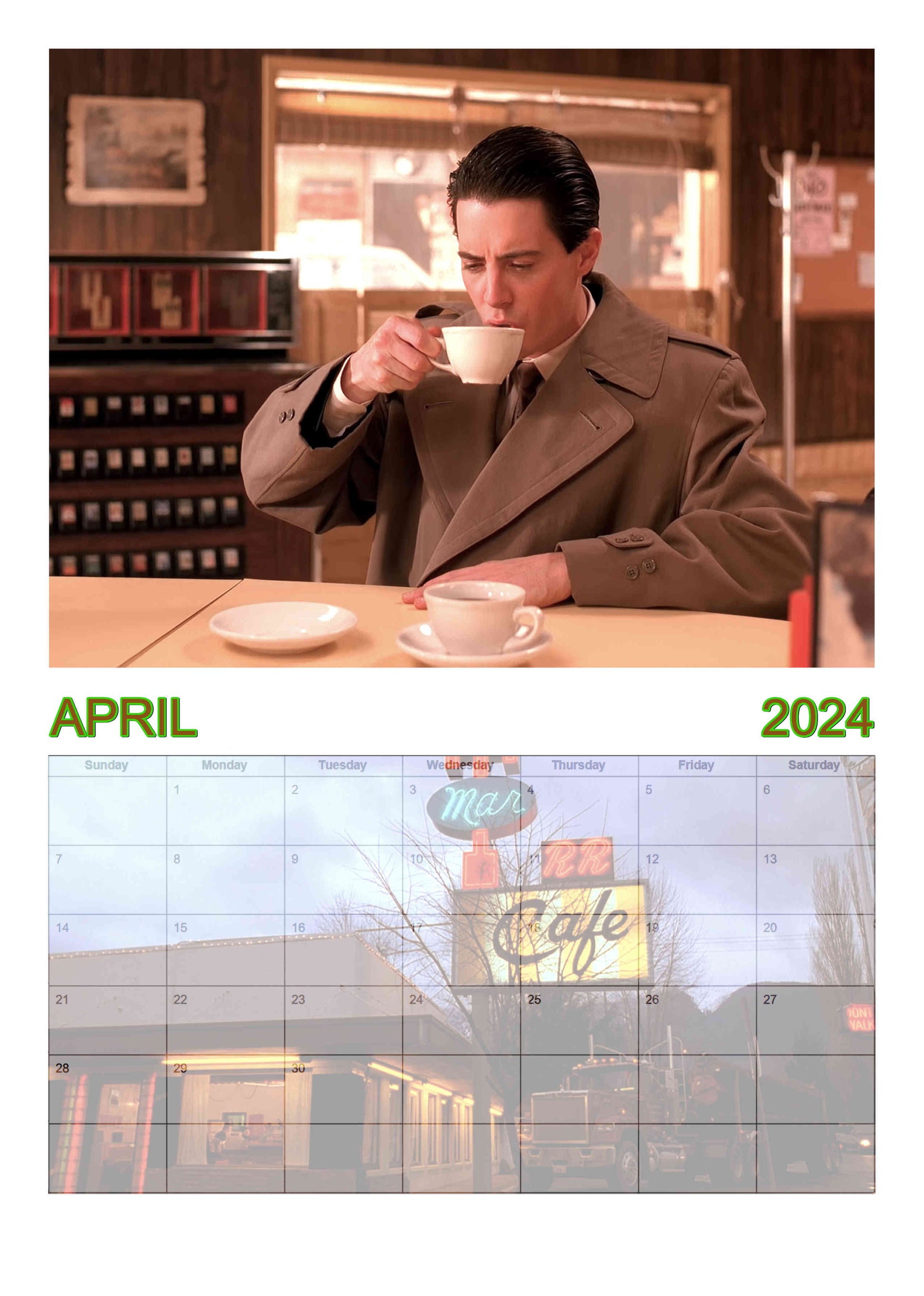 Preview of the month of April featuring Dale drinking coffee at the RR diner