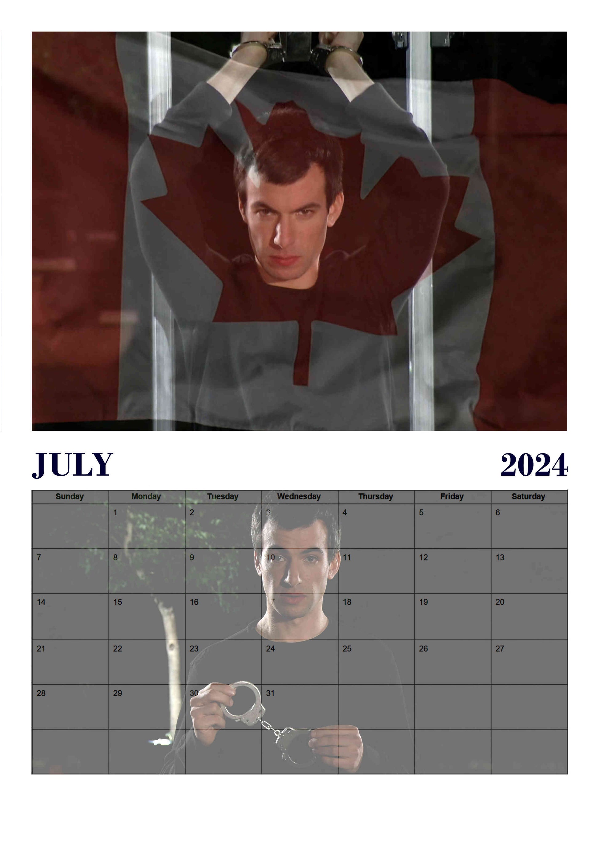 Preview of the month of July featuring Nathan Fielder in handcuffs