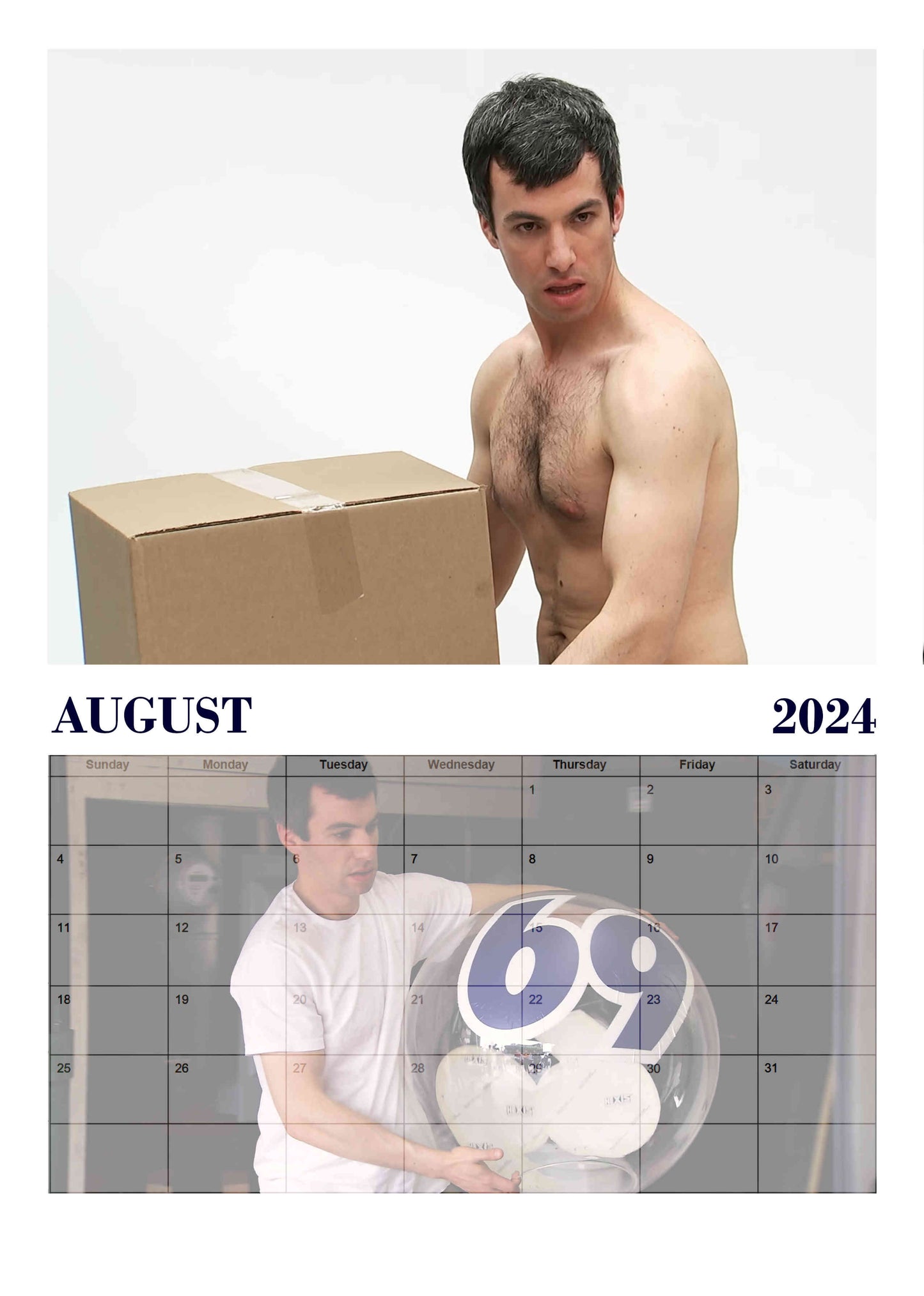 Preview of the month of August featuring Nathan Fielder half naked carrying a box