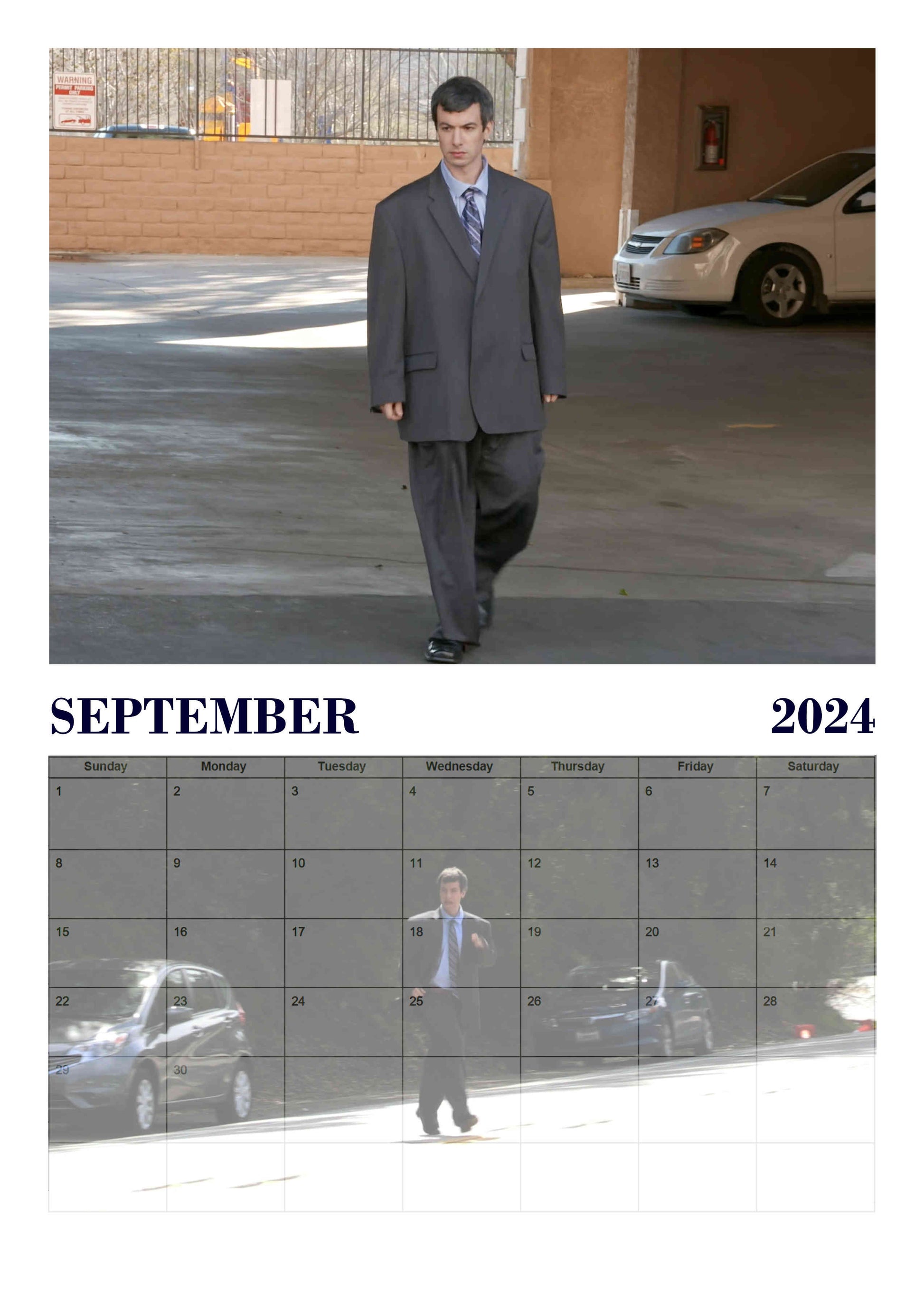 Preview of the month of September featuring Nathan Fielder in an oversized suit