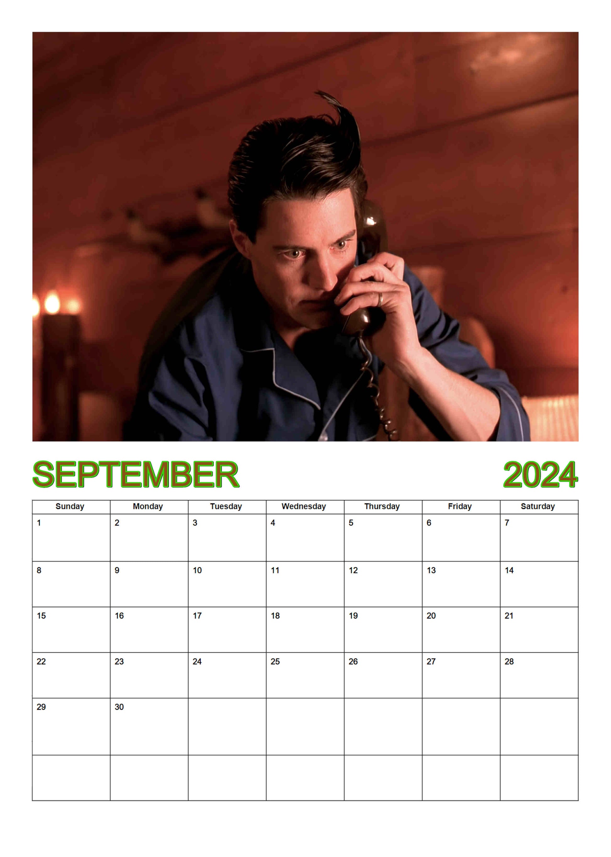 Preview of the month of September featuring Dale in his pyjamas on the phone