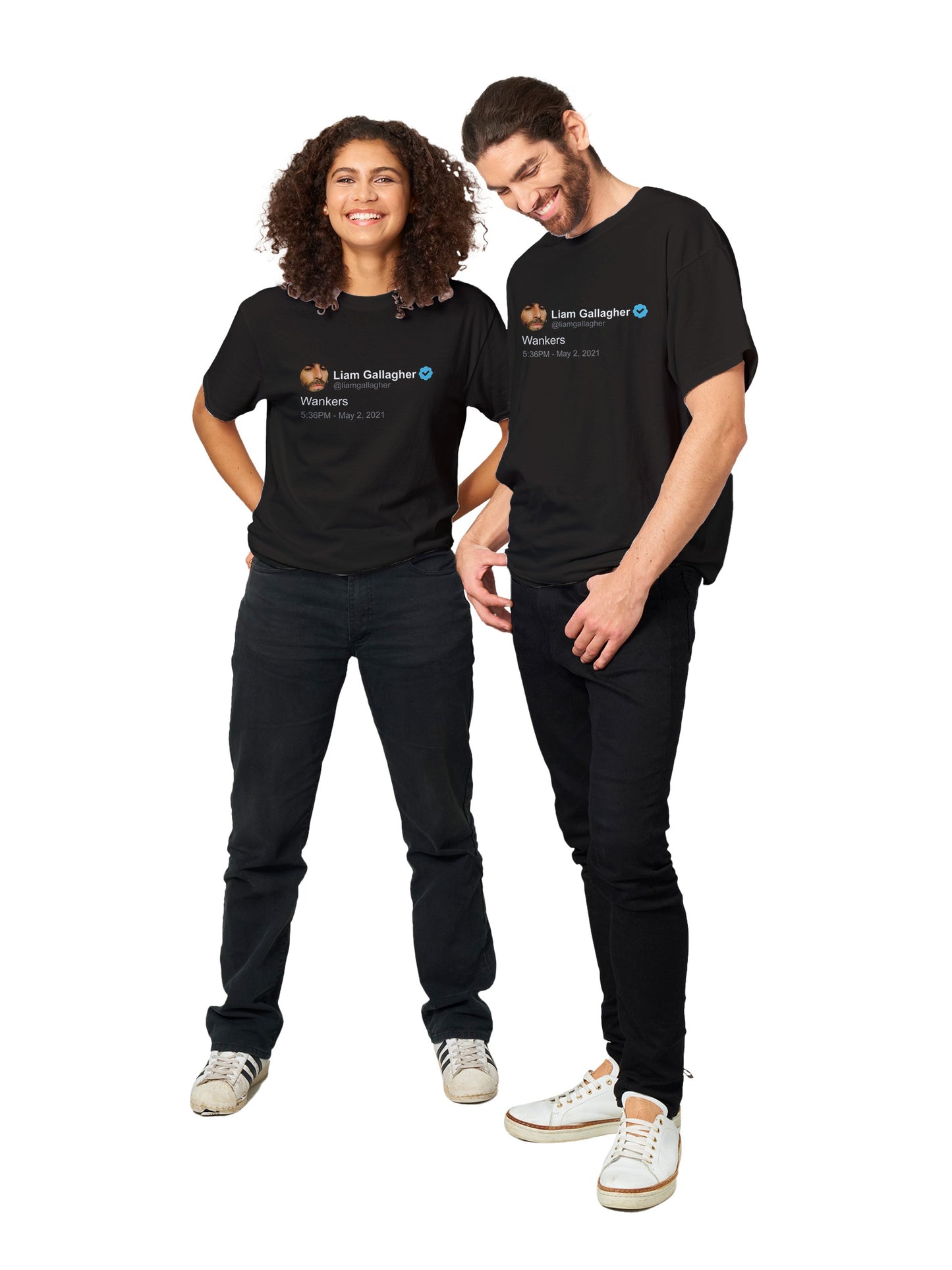 A man and woman each wearing a black T-shirt that showcases a humorous tweet from Liam Gallagher in white text, echoing Twitter's night mode. 