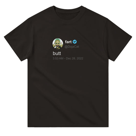 A black T-shirt featuring a tweet from Doja Cat, designed with white and light gray text to stand out against the dark fabric, reminiscent of a Twitter interface in dark mode. The tweet is characteristic of Doja Cat's playful and distinctive online presence, offering a snippet of her humor and personality. 