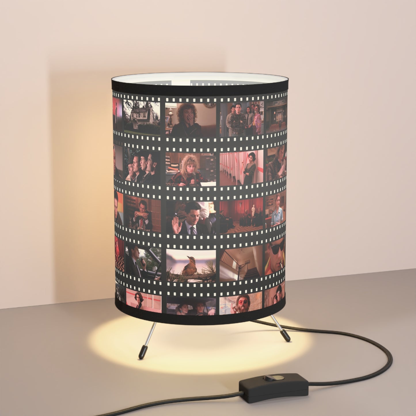 A context shot of the lamp illuminated. Some of the featured images include Audrey Horne, Dale Cooper, Lucy and the Palmer House