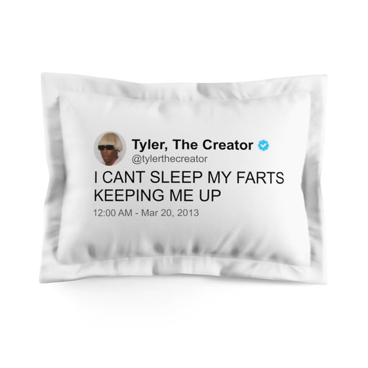 A white pillowcase featuring a tweet from Tyler, The Creator, displayed in a distinctive font that captures the artist's unique style and voice. The design is simple yet striking, with the tweet text taking center stage against the clean background, offering fans a piece of decor that reflects Tyler's creative and often imitated social media presence.