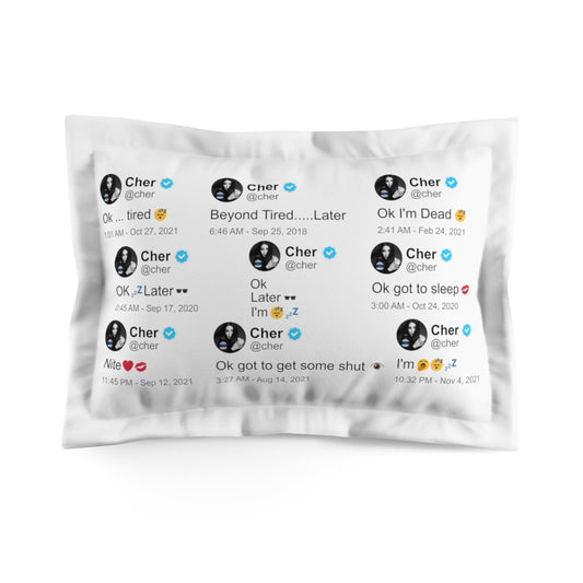 A white pillowcase featuring a collage of iconic tweets from legendary artist Cher. The design highlights a mix of her witty, one of a kind tweets, showcasing her distinctive use of emojis and capital letters. This pillowcase serves as a quirky and stylish homage to Cher's influential digital footprint, making it a perfect accessory for fans and social media enthusiasts alike.