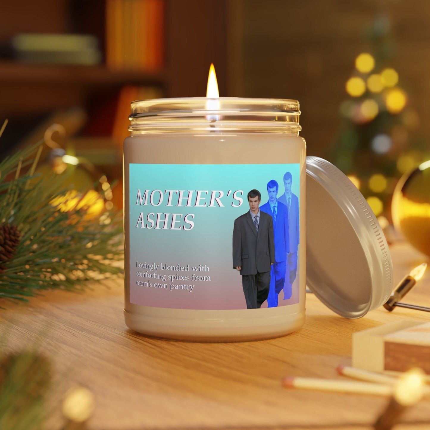 Context shot of the Nathan Fielder mothers ashes candle featuring Nathan in his oversized suit